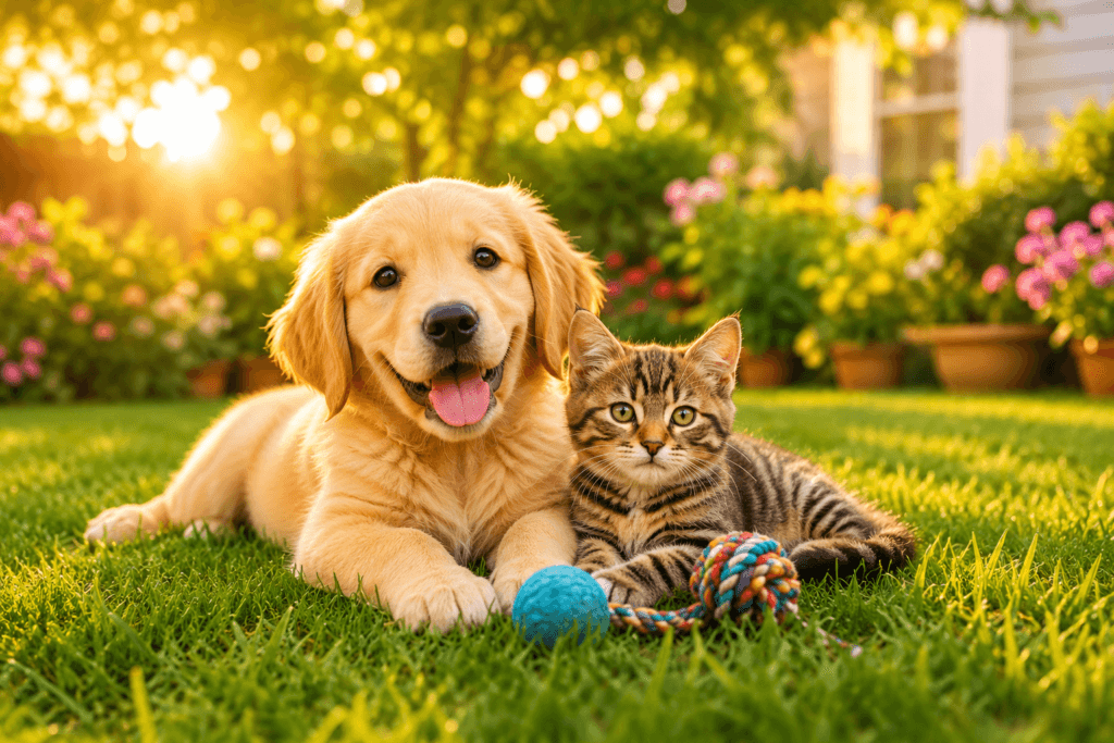 Happy dog and cat with pet toys in a sunny garden