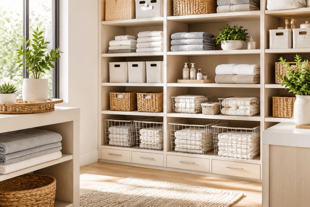 Organized home storage shelves with baskets, bins, and folded towels