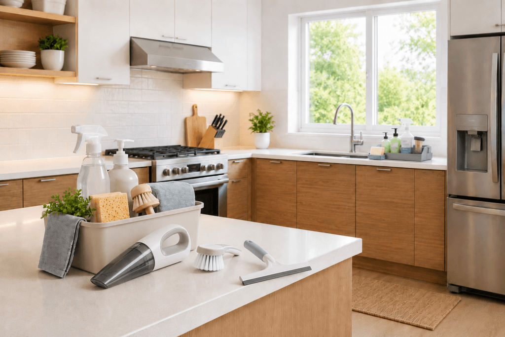 Modern kitchen with cleaning supplies, handheld vacuum, sponge, brush, and window squeegee
