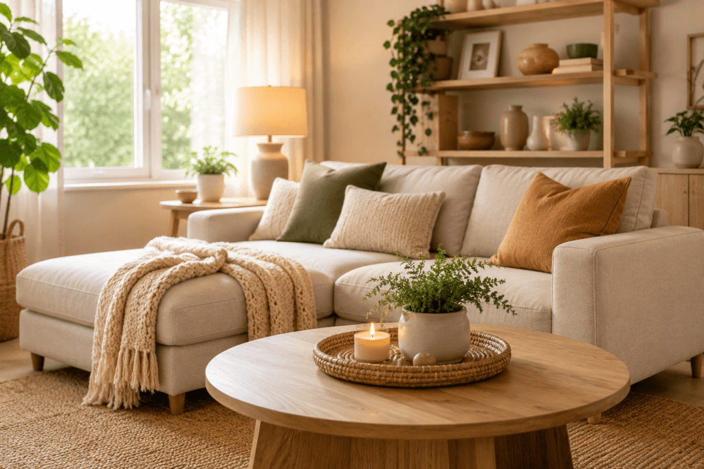 Cozy home decor and practical everyday details in a warm, modern living space