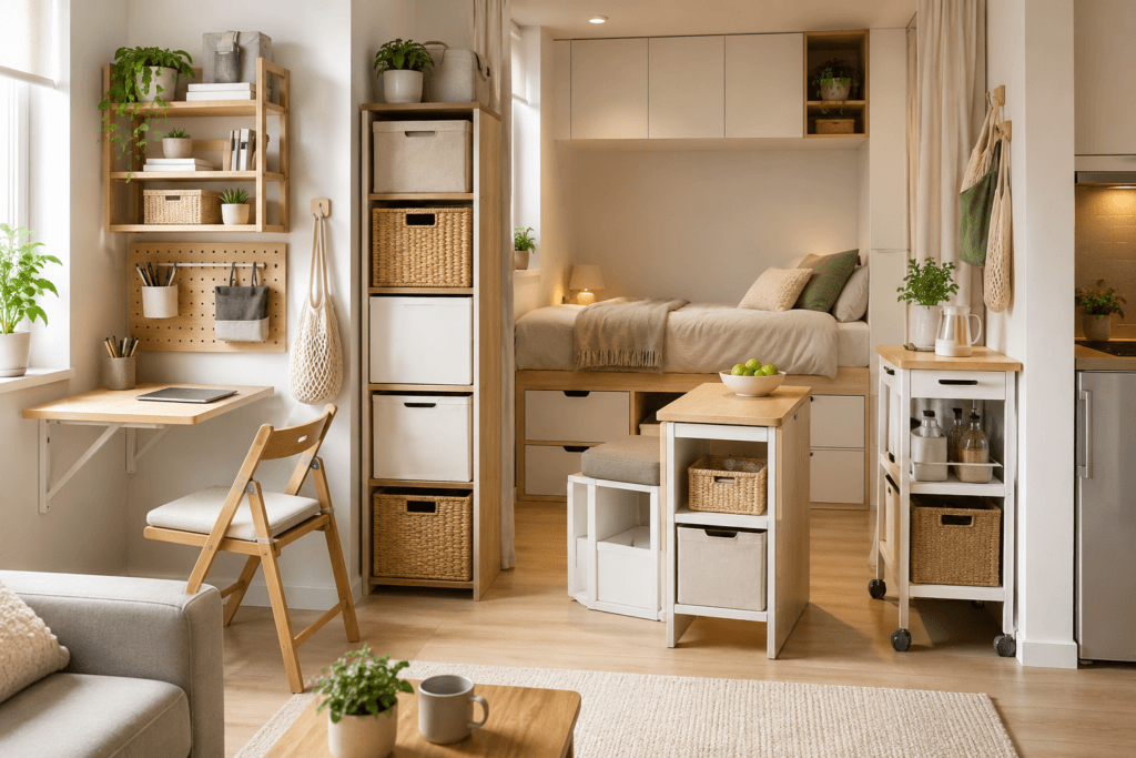 Small apartment with space-saving furniture, wall shelves, storage baskets, and compact home solutions